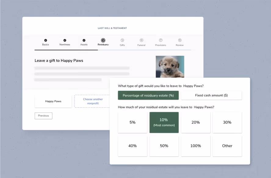 A mockup of FreeWill’s planned giving tools for nonprofits
