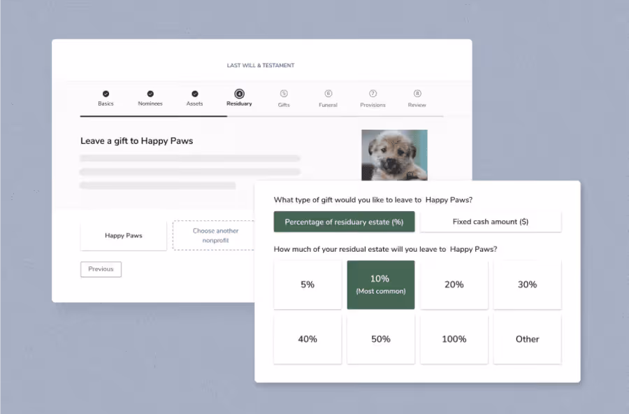 A mockup of FreeWill’s planned giving tools, which help diversify your revenue streams alongside your grant writing software.