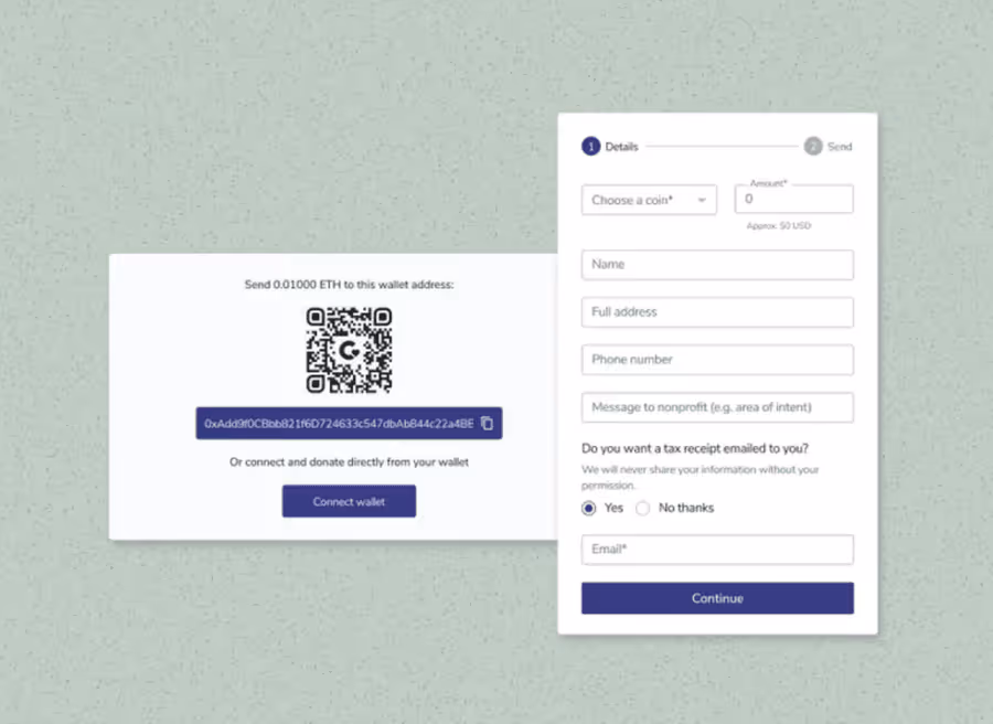 A mockup of FreeWill’s cryptocurrency fundraising tools, which allow nonprofits to go beyond grant fundraising and secure non-cash gifts.