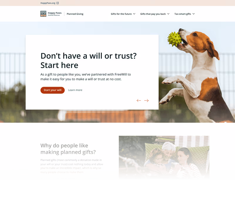 A mockup of a Planned Giving Microsite, a feature that’s part of FreeWill’s Planned Giving Suite and enhances your individual fundraising efforts