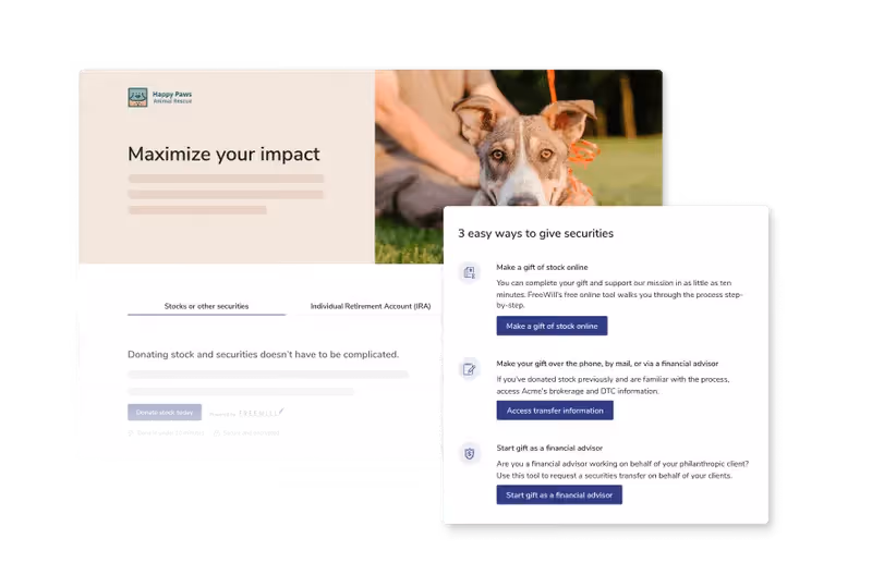 A mockup of a stock donation form from FreeWill, which can work alongside your AI grant writing tools to strengthen your fundraising.