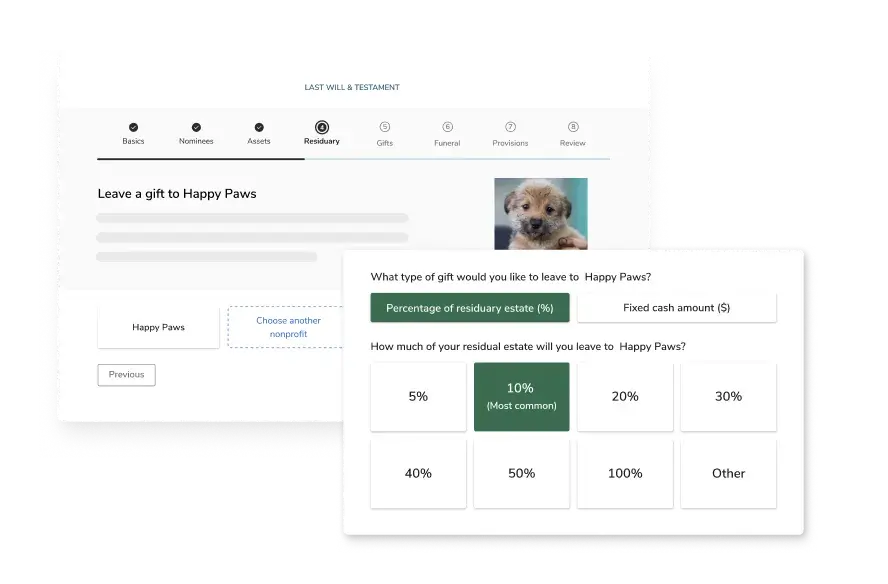 A mockup of FreeWill’s planned giving tools, showing a donor leaving a percentage of their residuary estate.