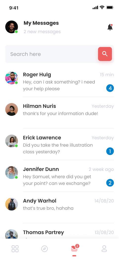 Mobile screen showing a messaging app with new message notifications from contacts named Roger Hulg, Hilman Nuris, Erick Lawrence, Jennifer Dunn, Andy Warhol, and Thomas Partrey.
