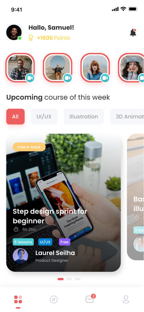 Mobile app interface showing user Samuel with 1600 points, upcoming design courses, and a card featuring a Step design sprint for beginners by Laurel Seilha.