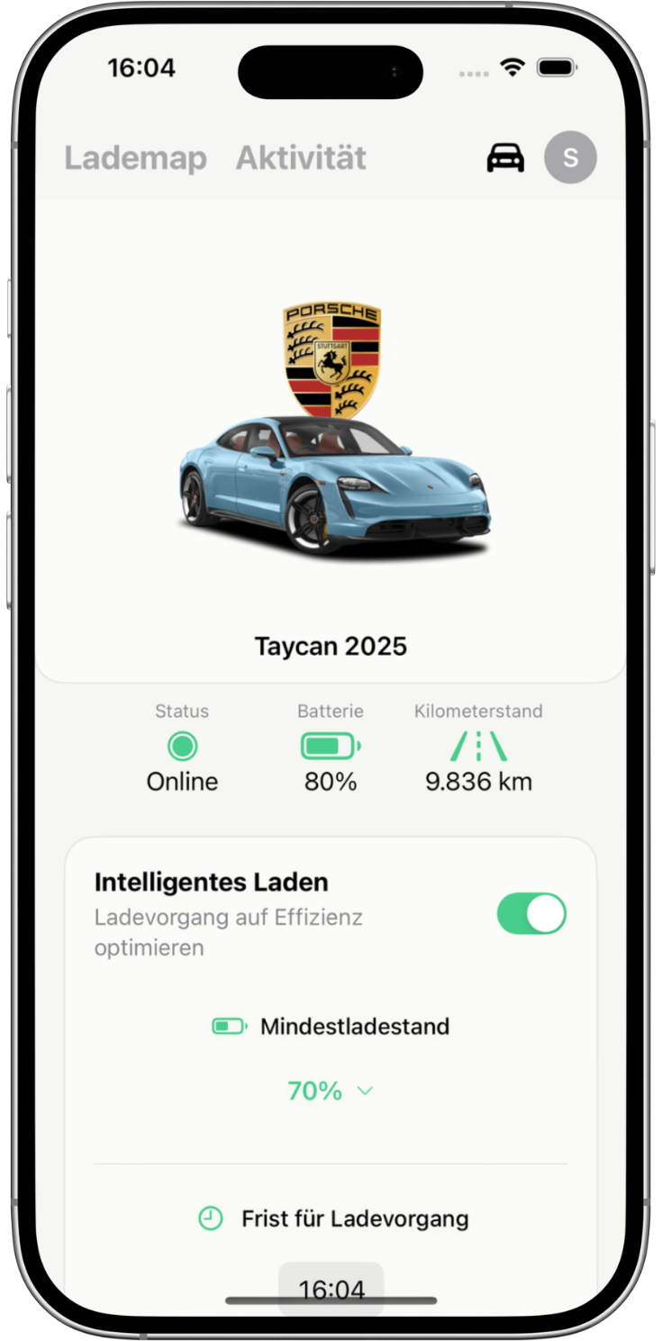 Smartphone-App zeigt Porsche Taycan 2025 mit Online-Status, 80% Batterieladung, 9.836 km Kilometerstand und Einstellungen für intelligentes Laden.
