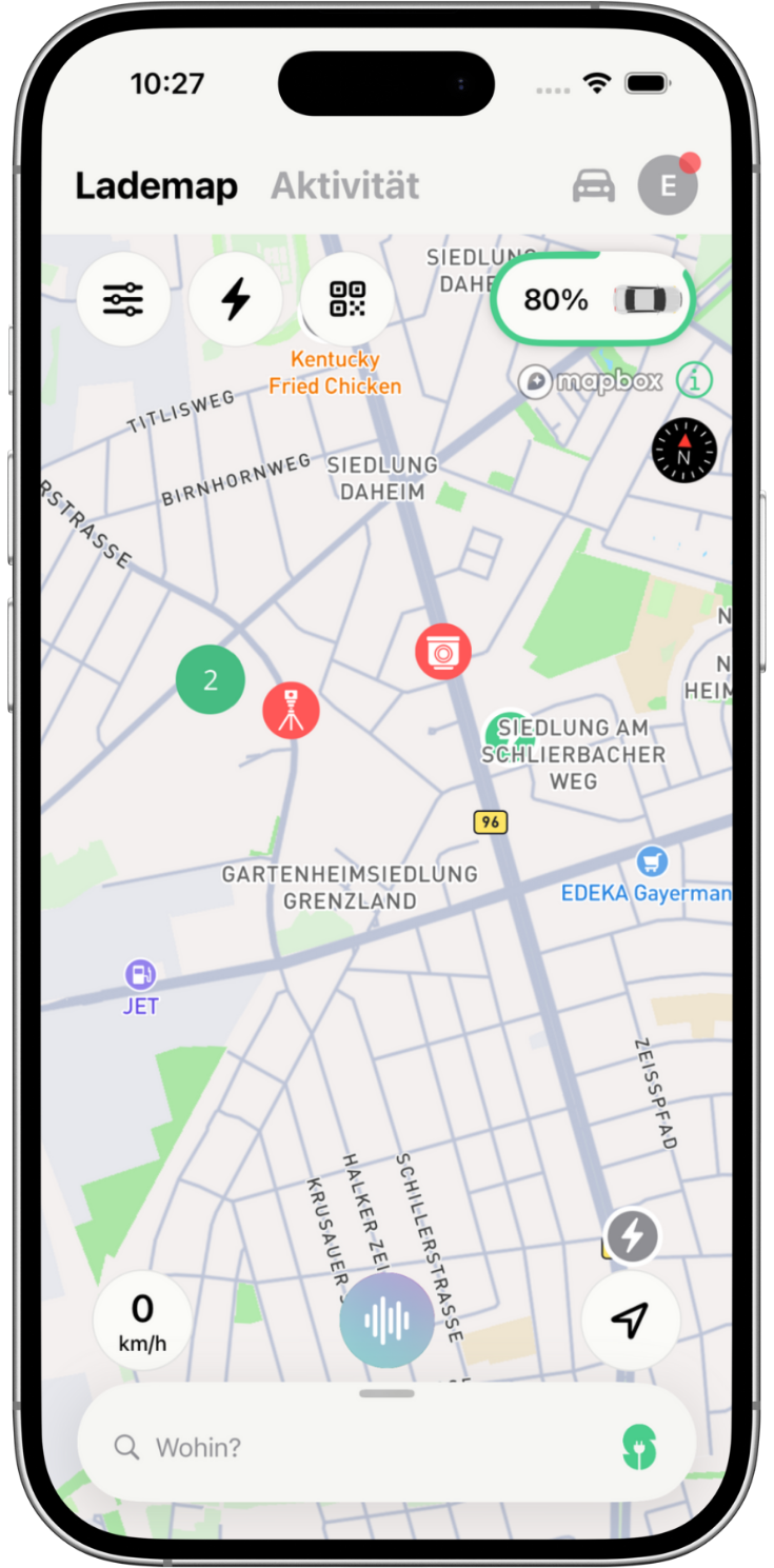 Kartennavigation auf einem Smartphone zeigt Ladezustand von 80 Prozent und Geschwindigkeit 0 km/h in einem Stadtgebiet mit verschiedenen Straßen und markierten Orten.