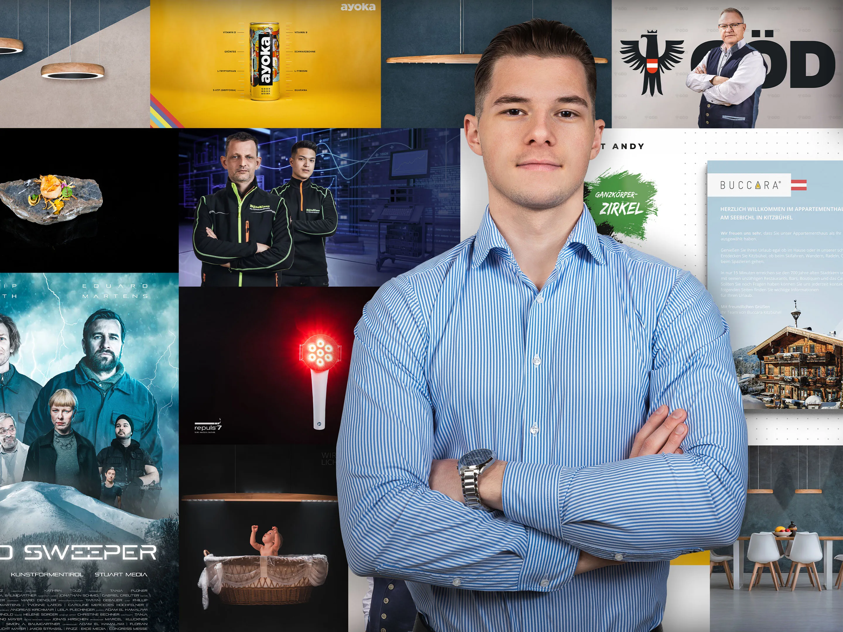 MMK Media Geschäftsführer Marcel Kluckner vor Projekt-Collage