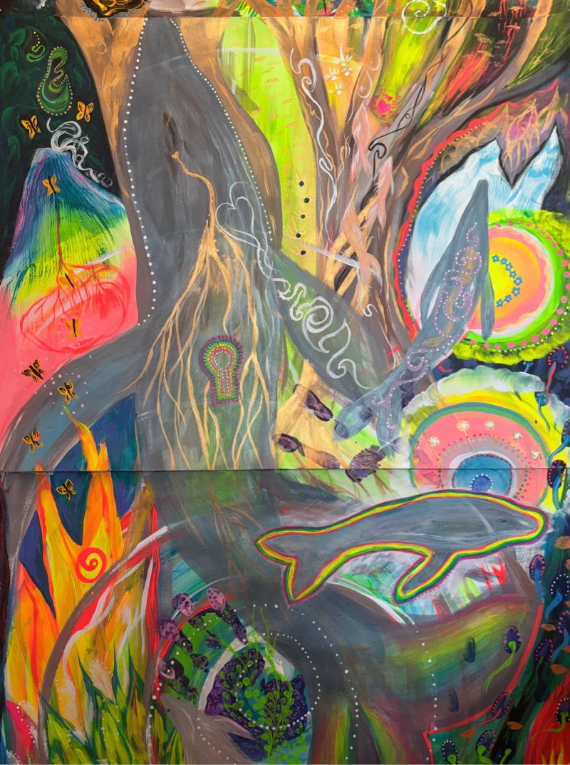 Intuitive painting of many colors with a small whale and a much larger parent whale behind