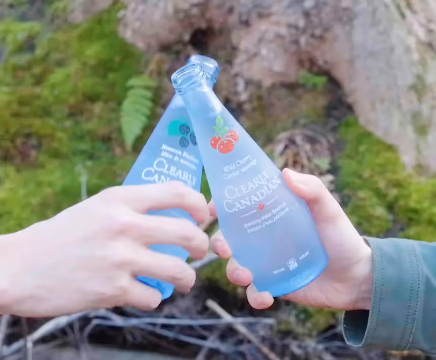 Clearly Canadian bottles in all different flavours in a creek.