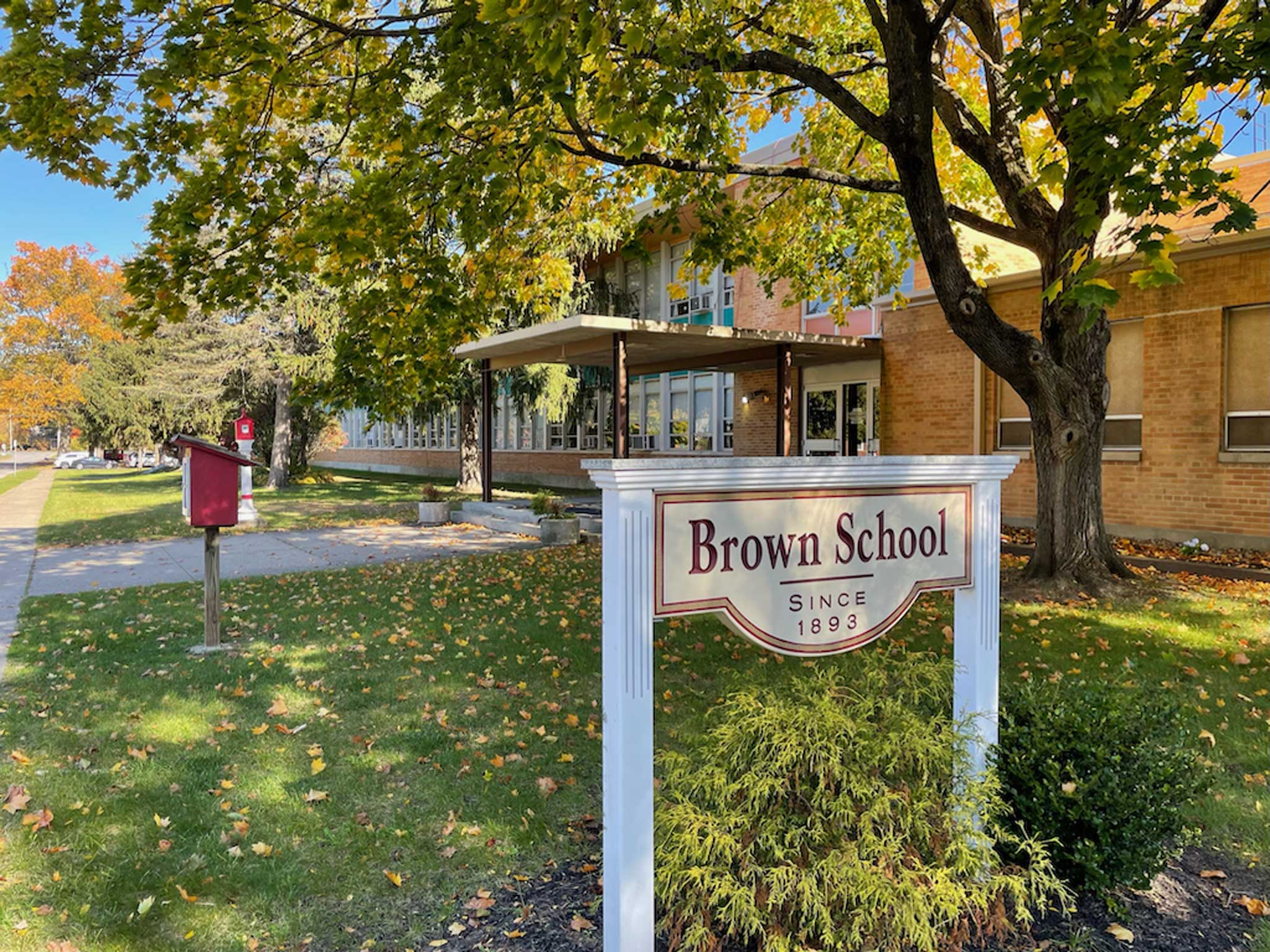 Brown School entrance and sign. 