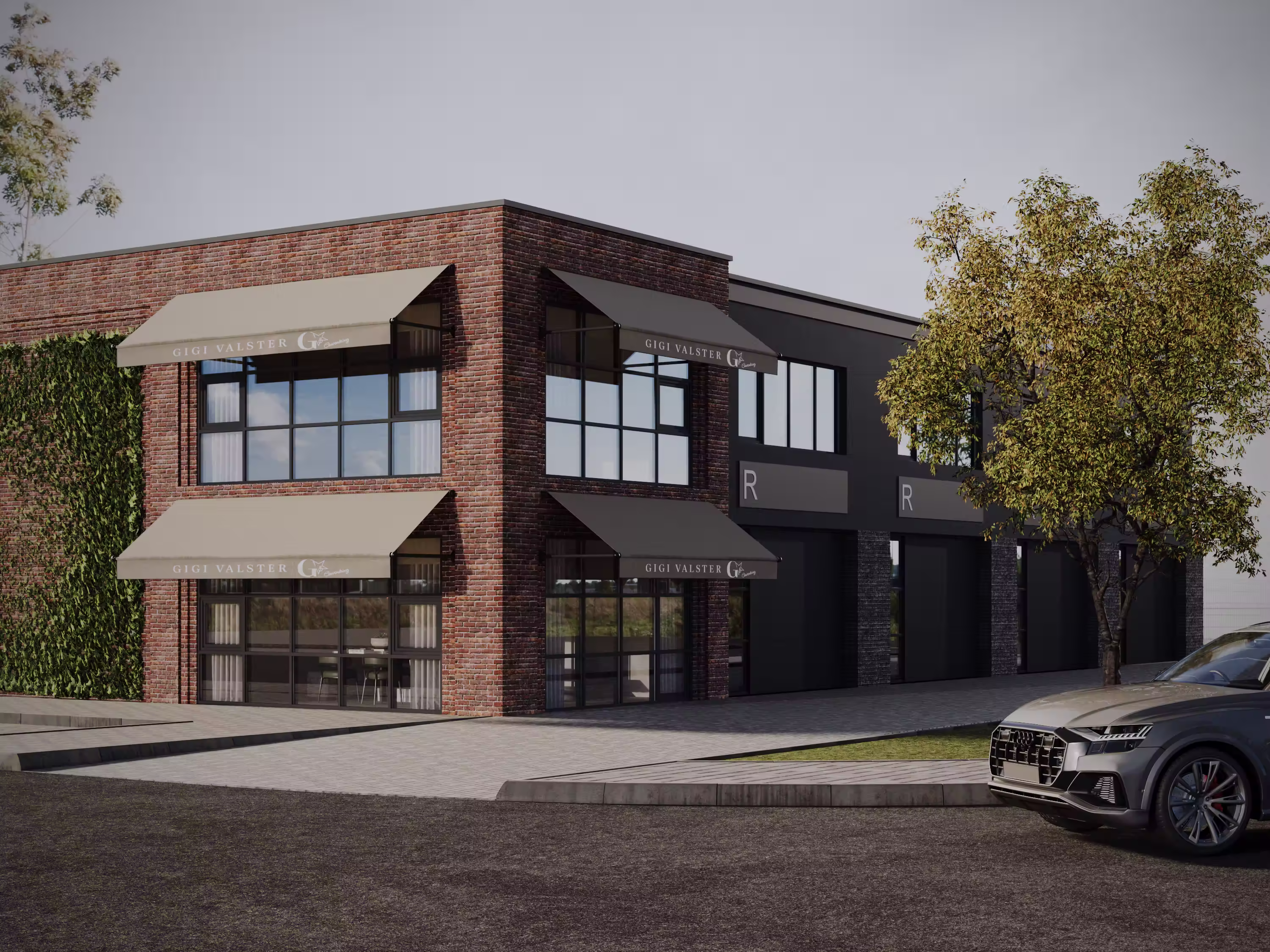 Modern brick and black commercial building with large windows, beige awnings labelled 'Gigi Valster', a tree and a grey car parked nearby.