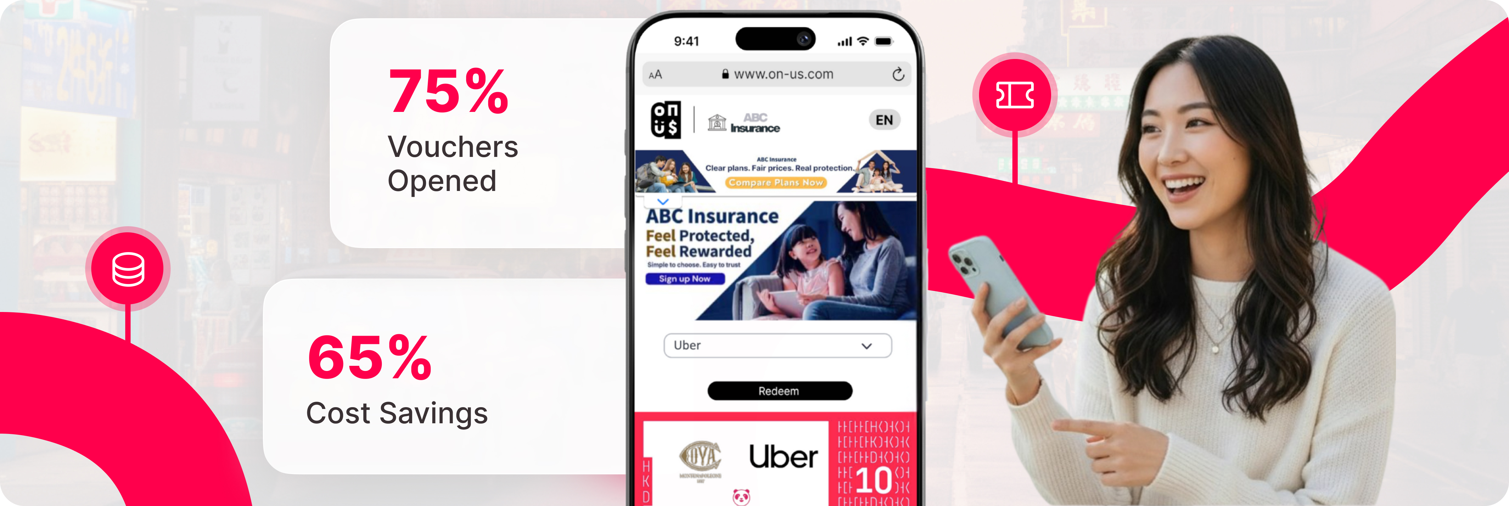 Smiling woman holding a smartphone displaying a $10 custom-made cash voucher for multiple merchants.