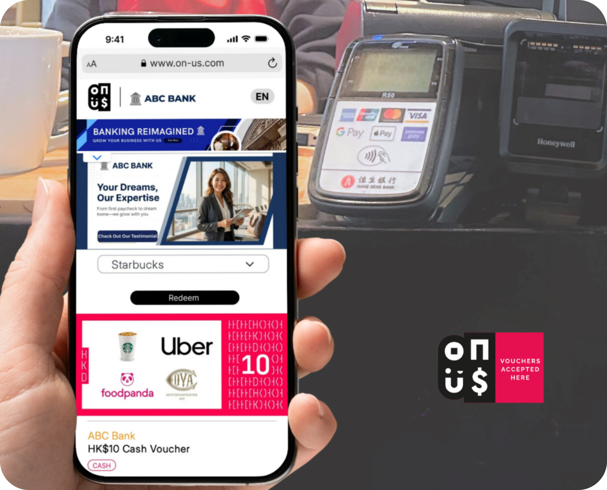 Hand holding smartphone showing ABC Bank app with HK$10 cash voucher for Starbucks, Uber, foodpanda, and Montenapoleone.