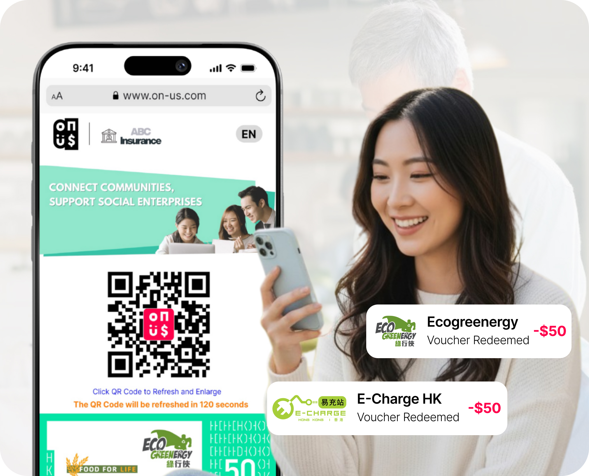 Smiling woman holding a smartphone with a mobile app screen displaying a QR code and voucher redemption notifications for Ecogreenery and E-Charge HK.