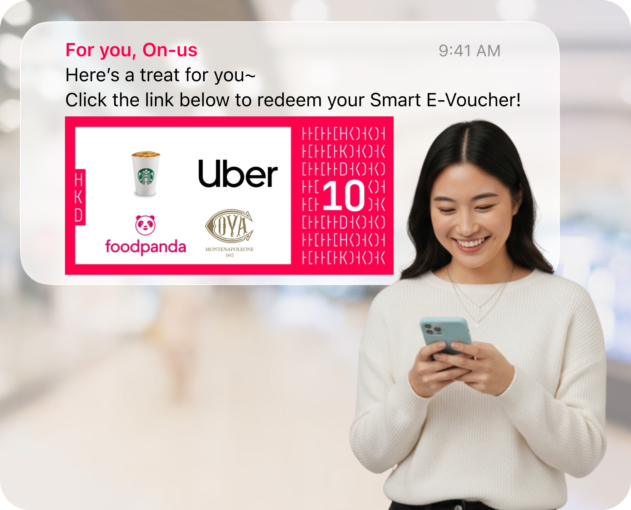 Woman texting on a phone and message appearing behind her back.