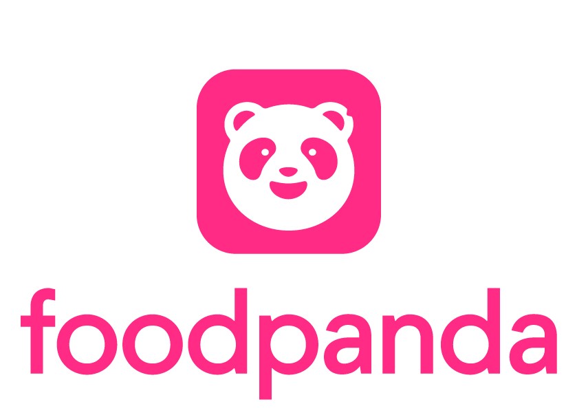 Foodpanda logo with animated pink and white panda winking, surrounded by a coffee cup, cookies, chips, and a cupcake with cherry on pink background.