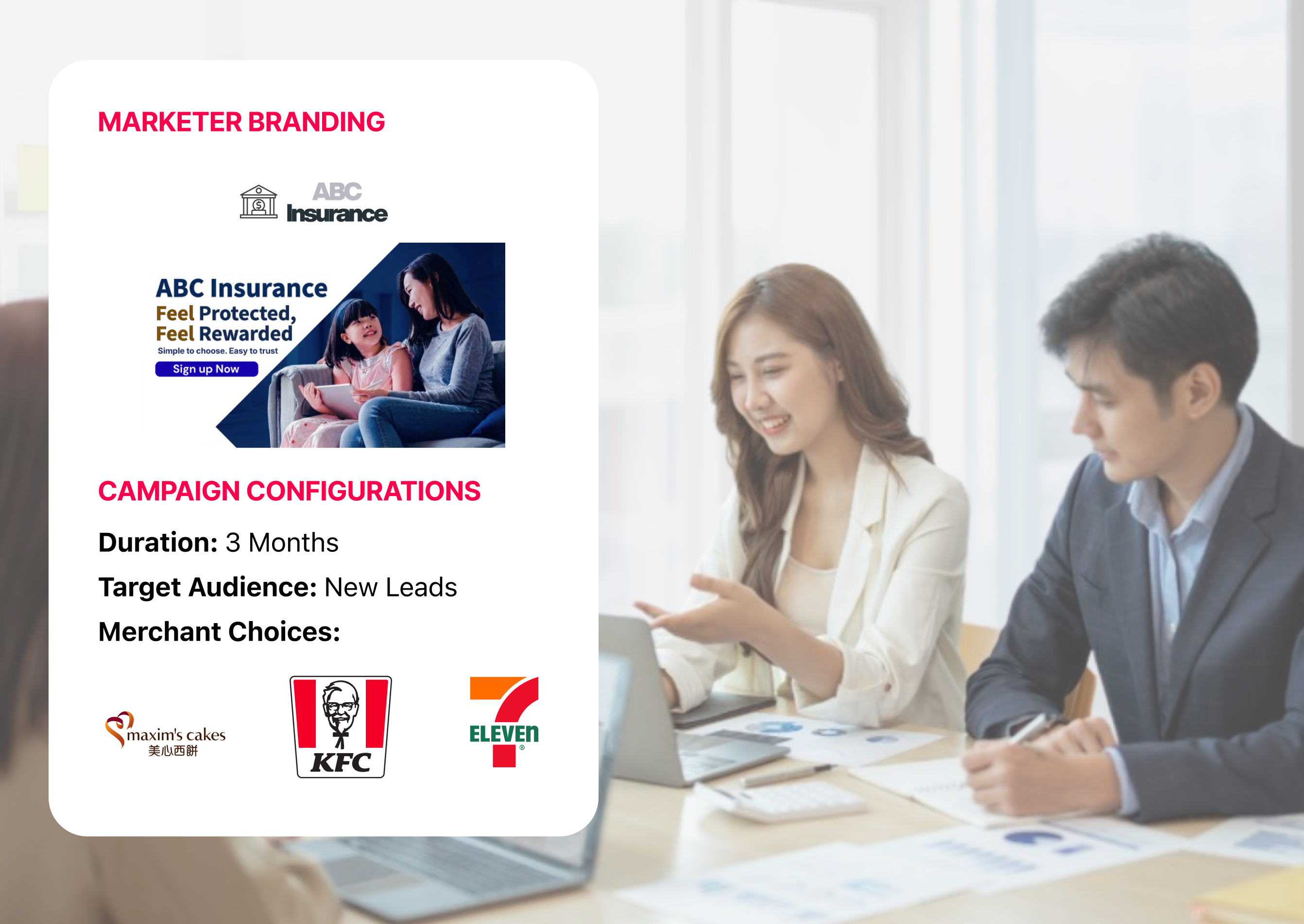 Marketing presentation slide for ABC Insurance featuring campaign details, merchant logos, and two professionals discussing at a table with laptops and charts.