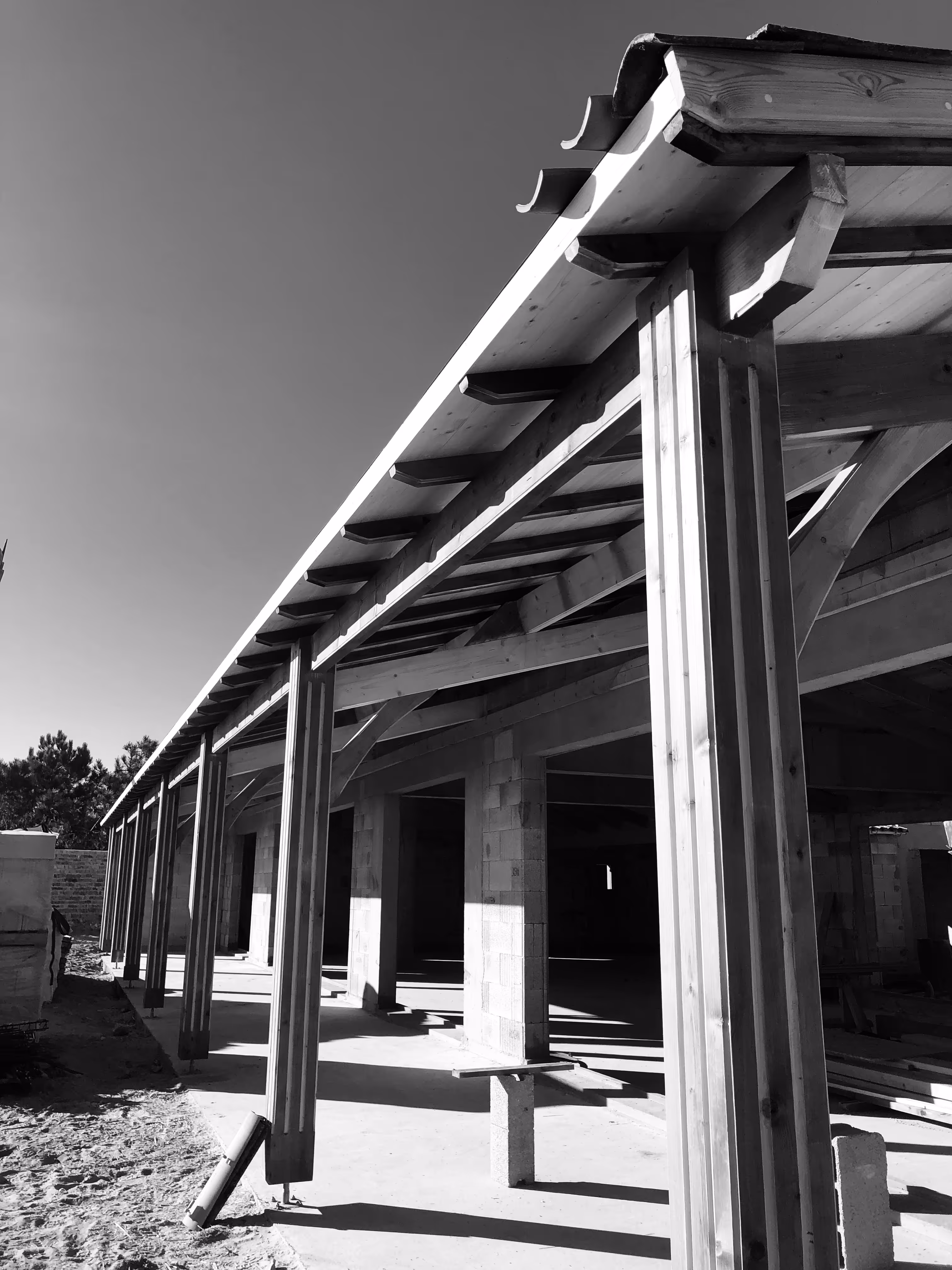 Black and white photo of wooden framework and pillars supporting the roof of a building under construction.