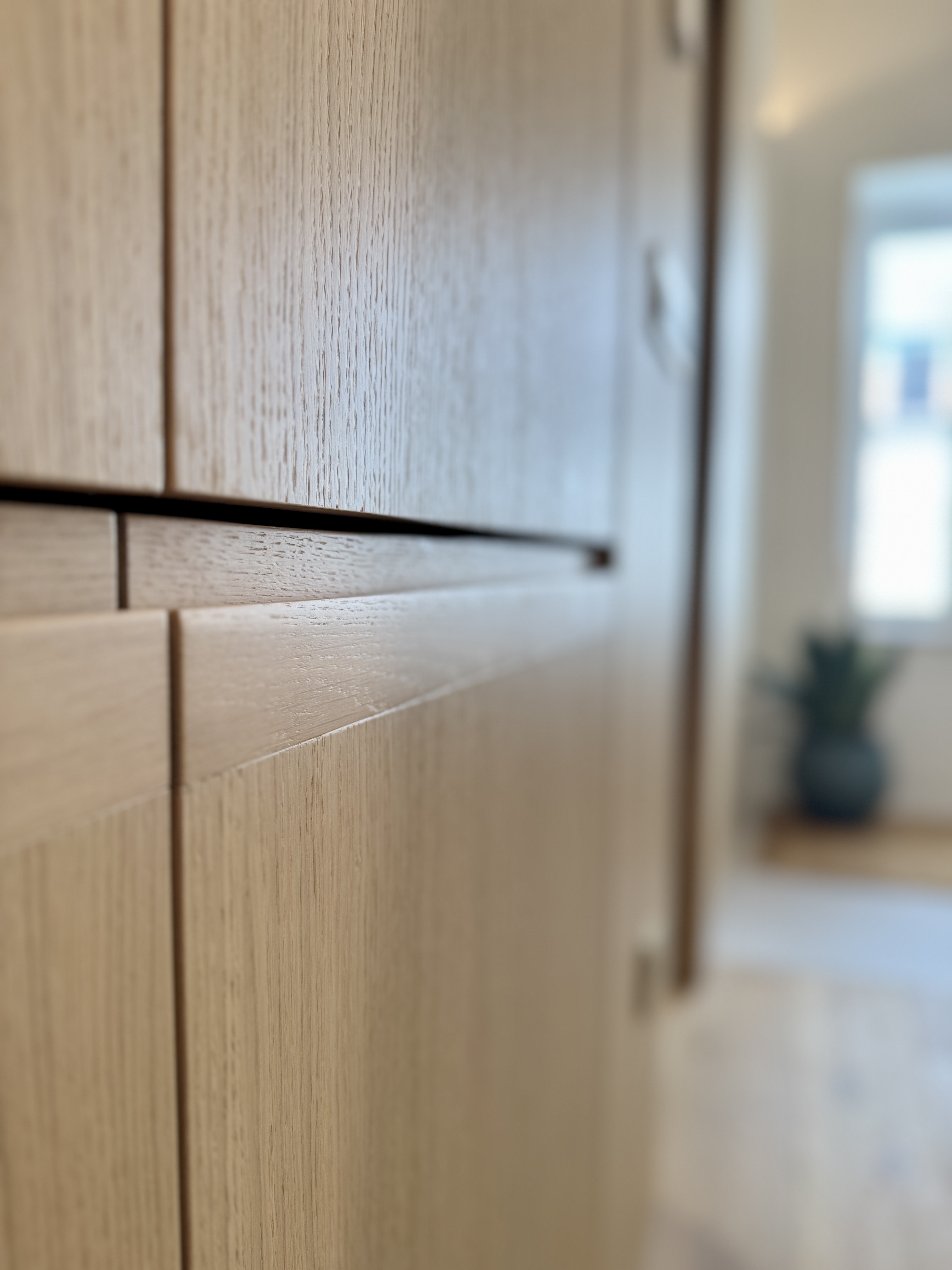 Close-up of wooden cabinet doors with visible grain and recessed handles in a bright room.