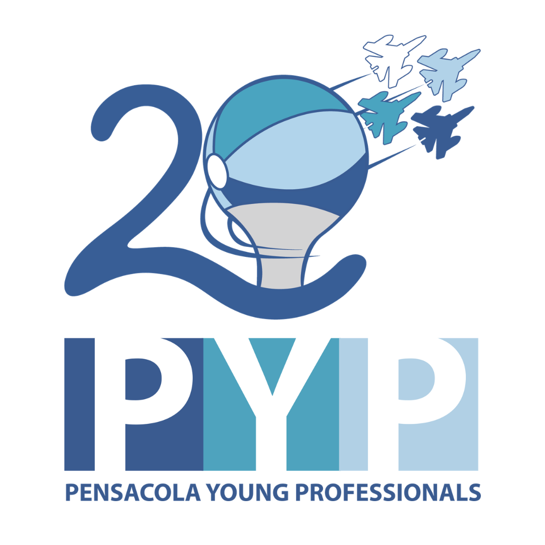 Pensacola Young Professionals 20th Anniversary Logo featuring a 2 next to the Pensacola Beach beach ball water tour with the blue angels flying by. PYP standar logo underneath.