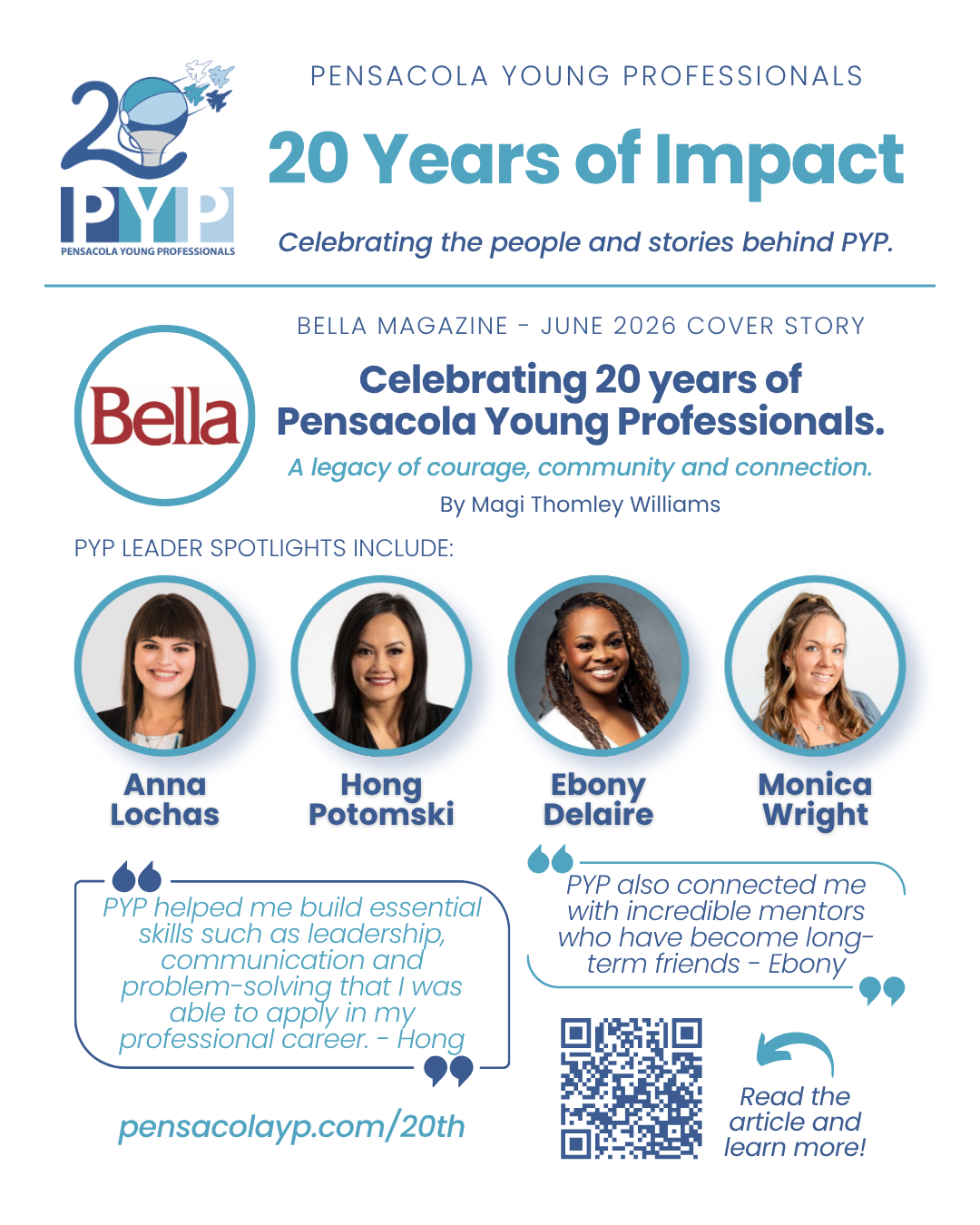 20 Years of Impact flyer for the Bella Article. Includes PYP 20th Anniversary logo, Bella Magazine logo, and headshots of the four PYP leaders featurered in the article.