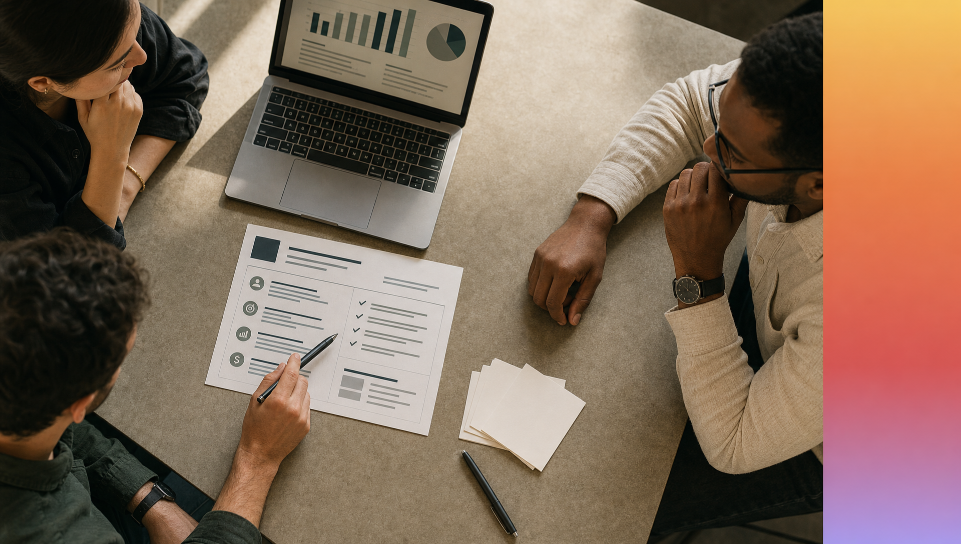 Three operators evaluate a startup investment memo around a table