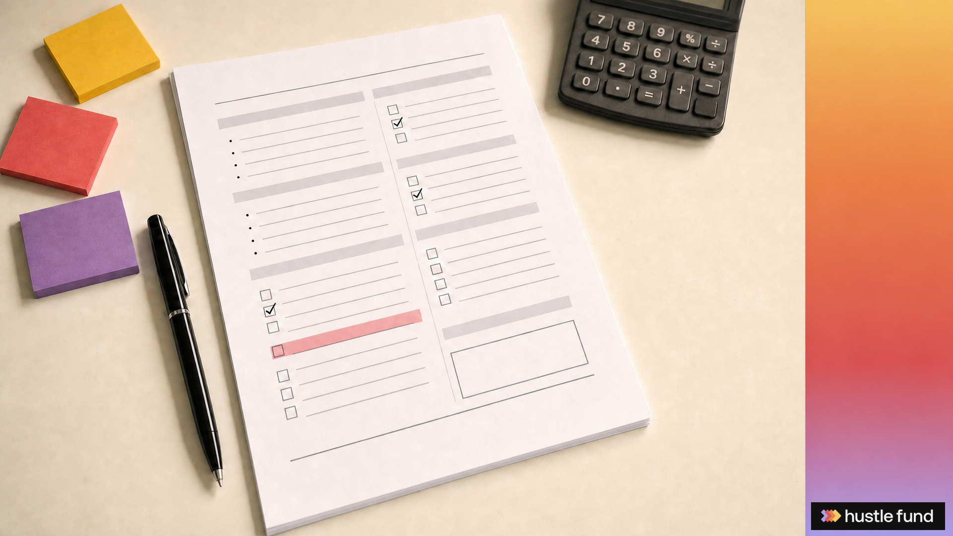 Printed startup investment memo with checked evidence, an open decision box, a pen, a calculator, and Hustle Fund branding.
