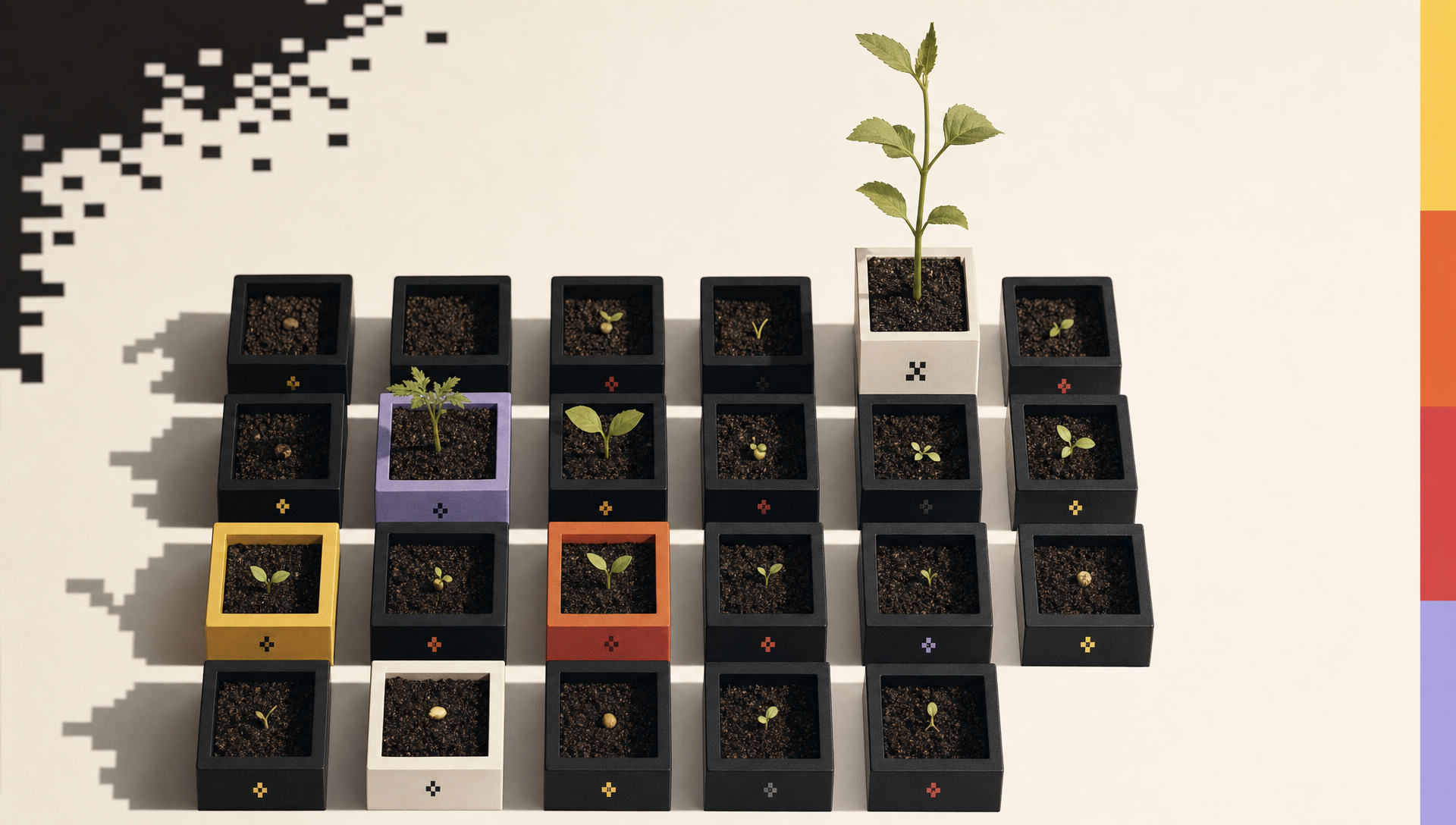 A grid of early startup bets with many uncertain outcomes and one large outlier