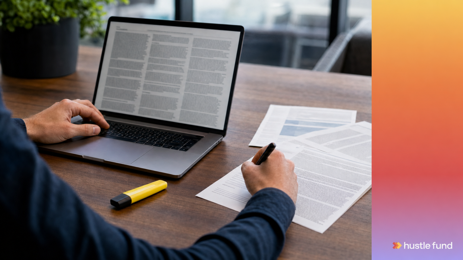 Investor reviews an SEC Form C filing on a laptop and printed pages.