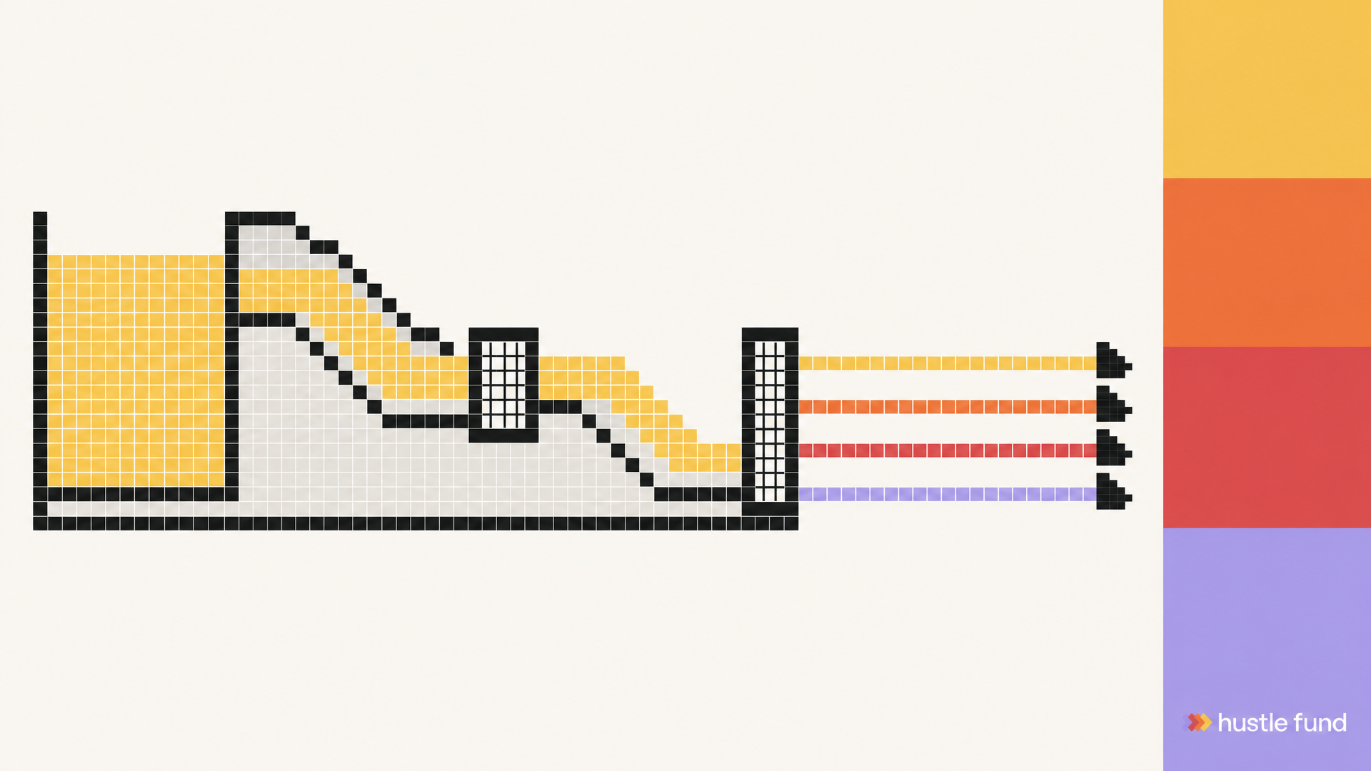 A pixel-art exit proceeds waterfall dividing value across successive investor payout tiers.
