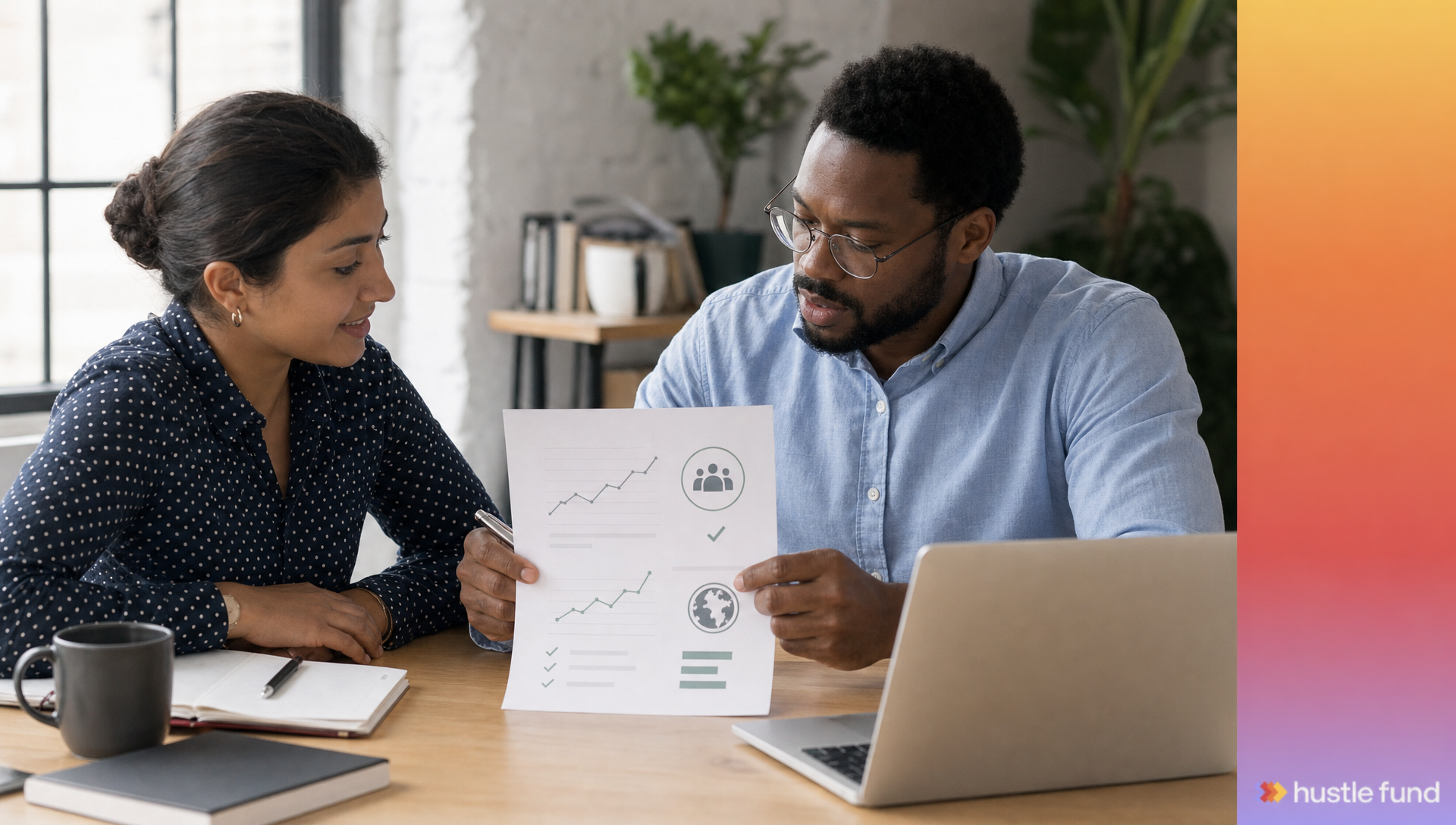 An angel investor reviews the financial model and outcome metrics for a mission-driven startup.
