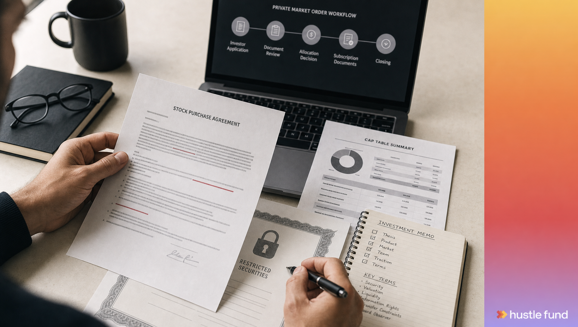 An investor reviews private-company stock purchase documents, a cap table, and a restricted-security certificate.