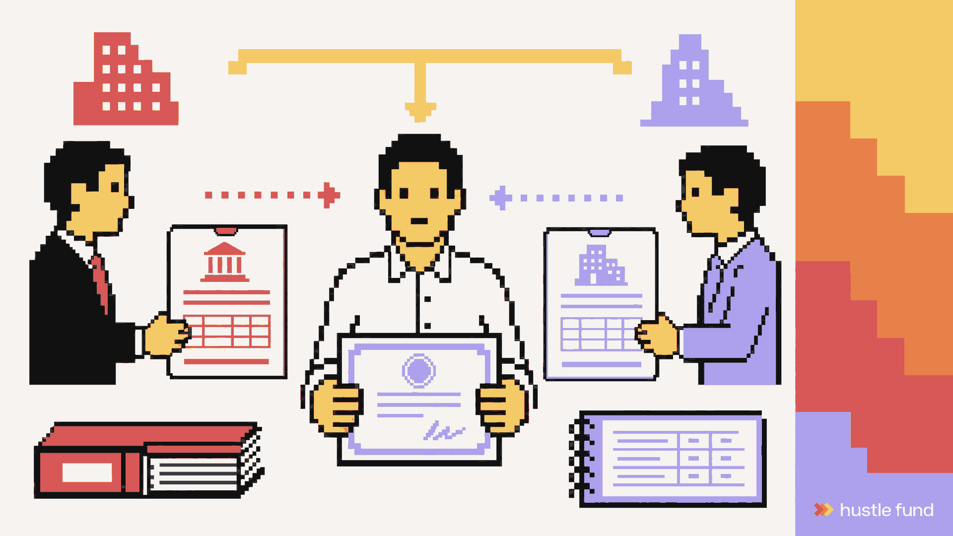 Pixel-art private share offer with a matching buyer stepping ahead of an outside buyer