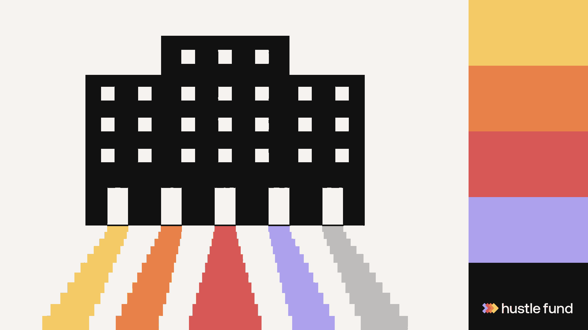 Flat pixel-art private company building with five investment paths and a stepped Hustle Fund color rail