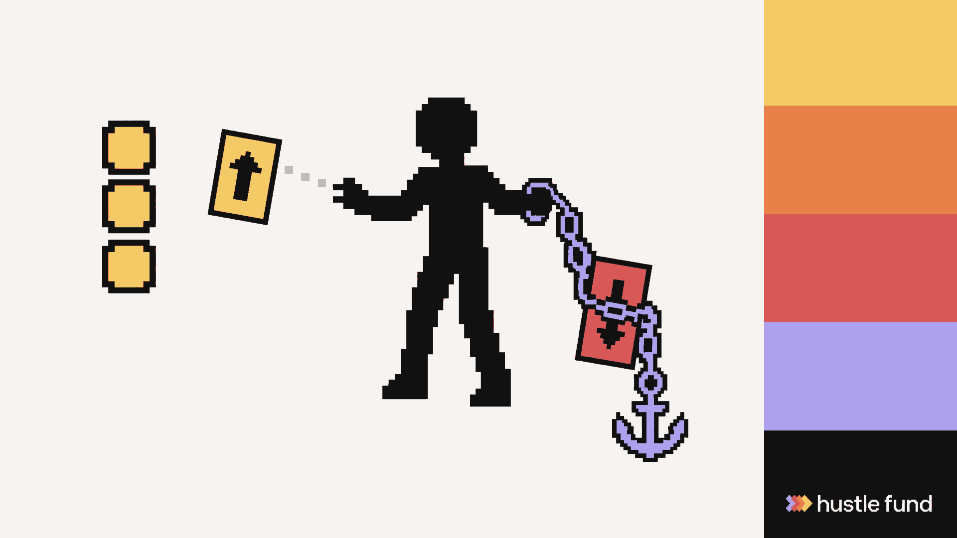 A pixel-art investor releases a rising startup investment while a falling investment remains chained to an anchor