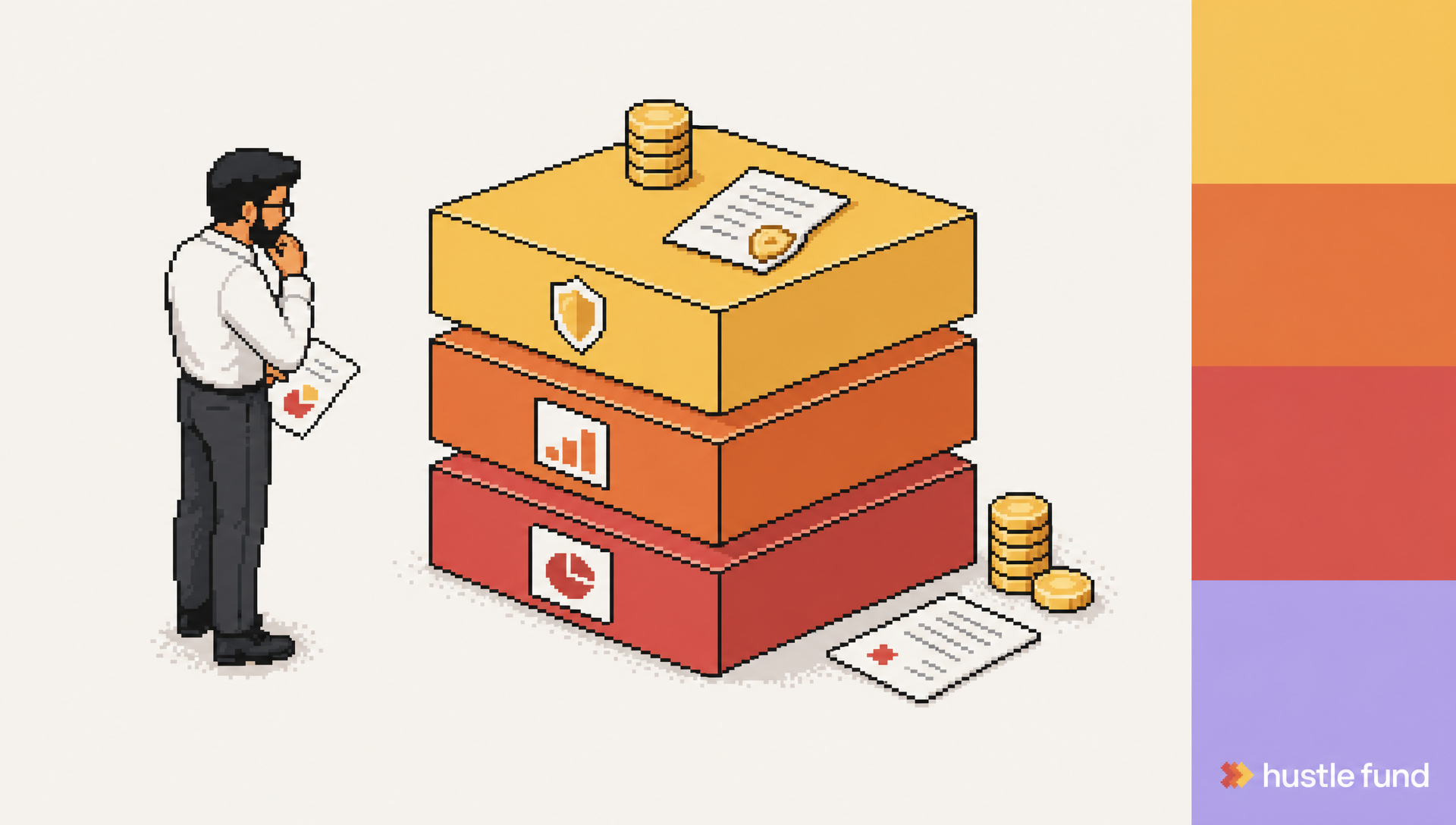 An investor studies a three-layer startup financing stack with coins and legal documents.