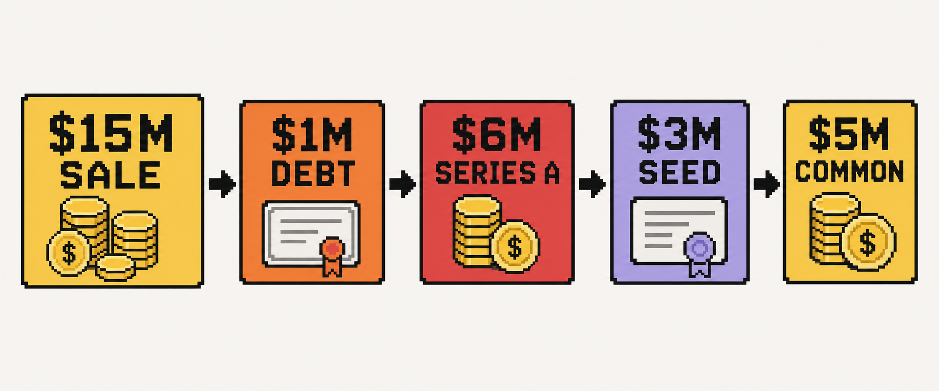 Illustrative $15 million sale waterfall allocates $1 million to debt, $6 million to Series A, $3 million to Seed, and $5 million to common.