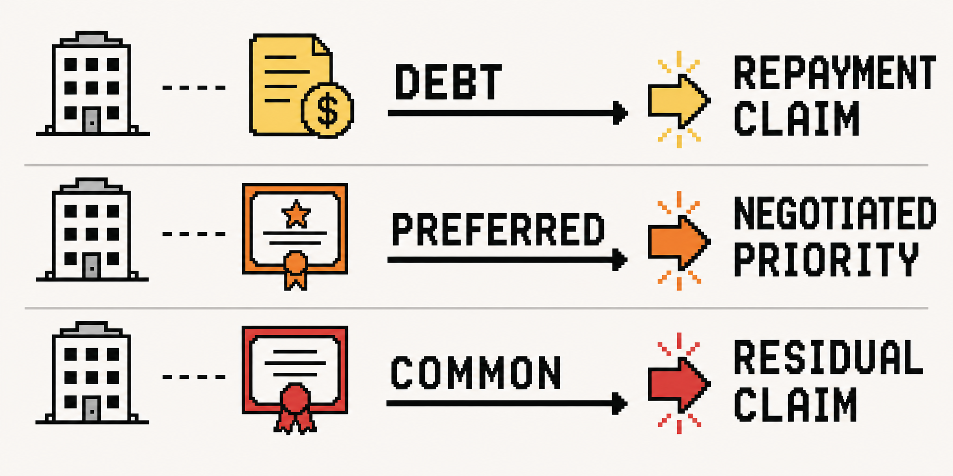 Three horizontal capital-stack lanes show debt as a repayment claim, preferred stock as negotiated priority, and common stock as the residual claim.