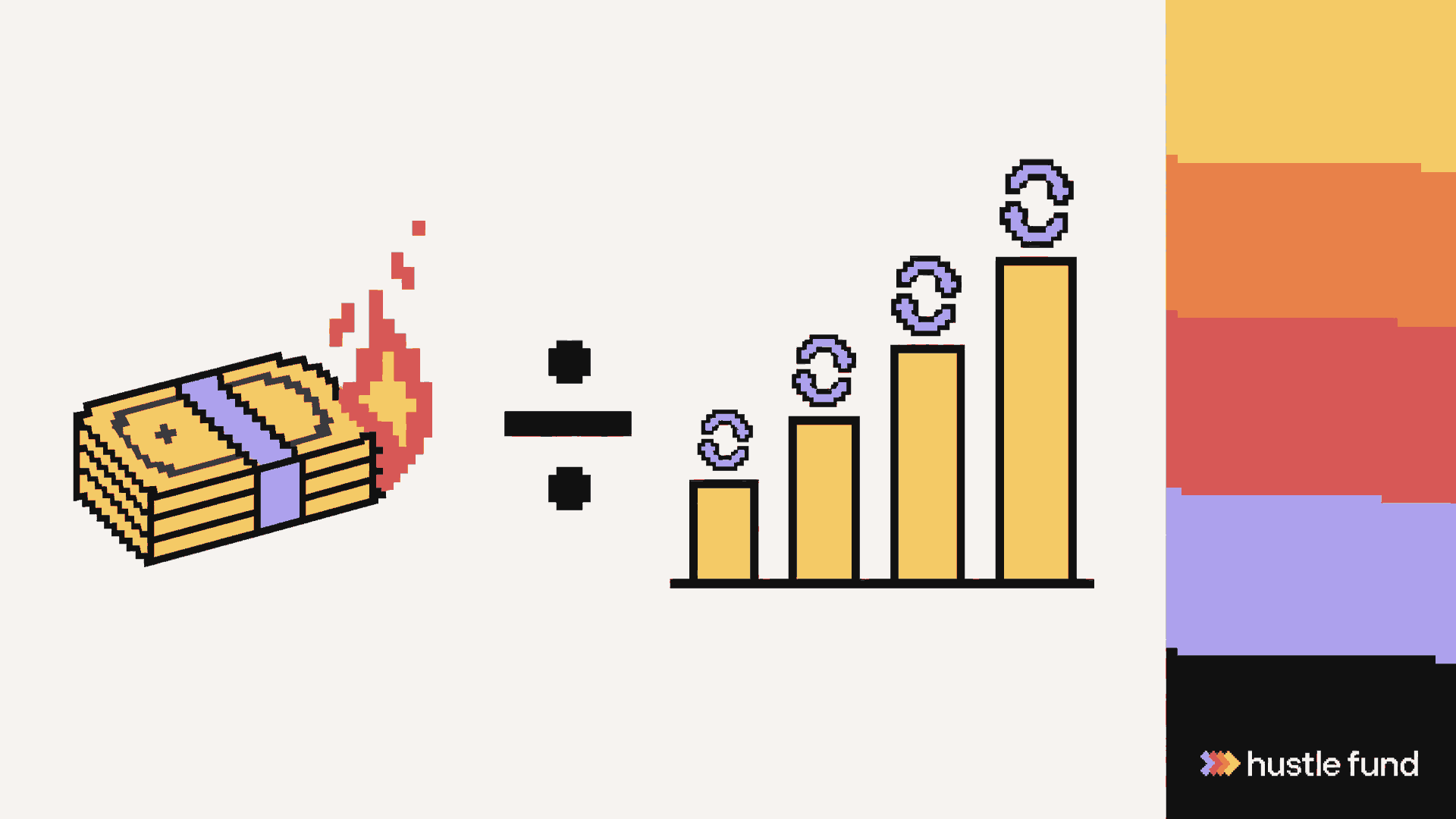 Pixel-art cash burning beside a division sign and rising recurring-revenue bars.