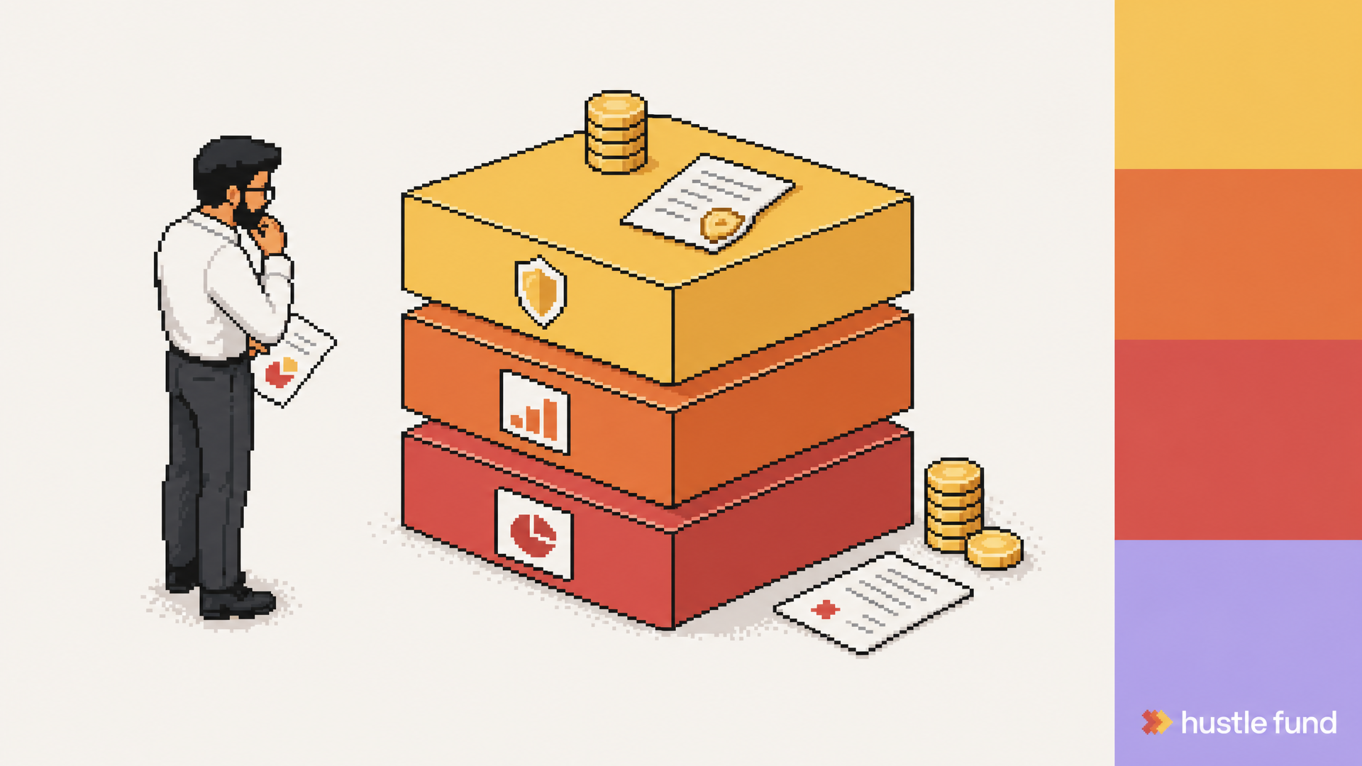An investor studies a three-layer startup financing stack with coins and legal documents.
