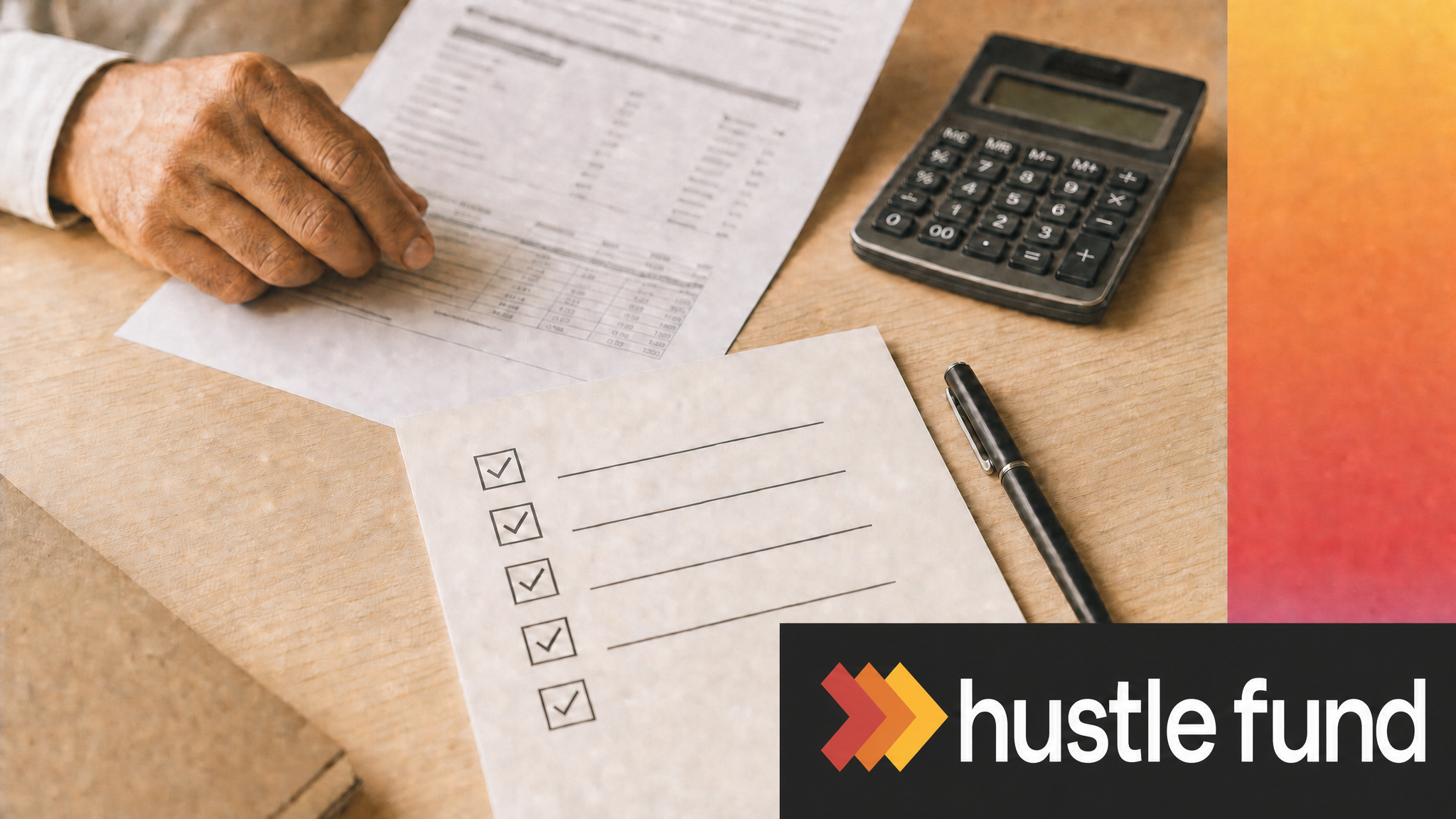 Investor reviews a five-step startup investment checklist beside a term sheet and calculator