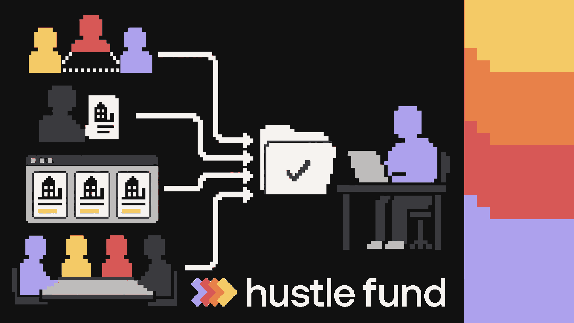 Pixel-art paths connecting startup deal sources to an independent angel investor.