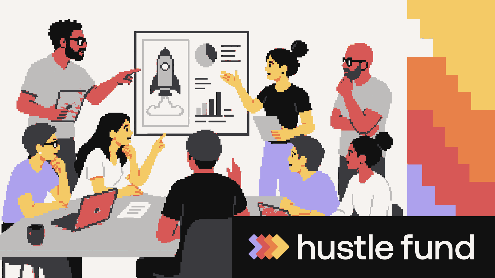 A diverse group of investors reviews a startup pitch in a retro pixel-art workshop.