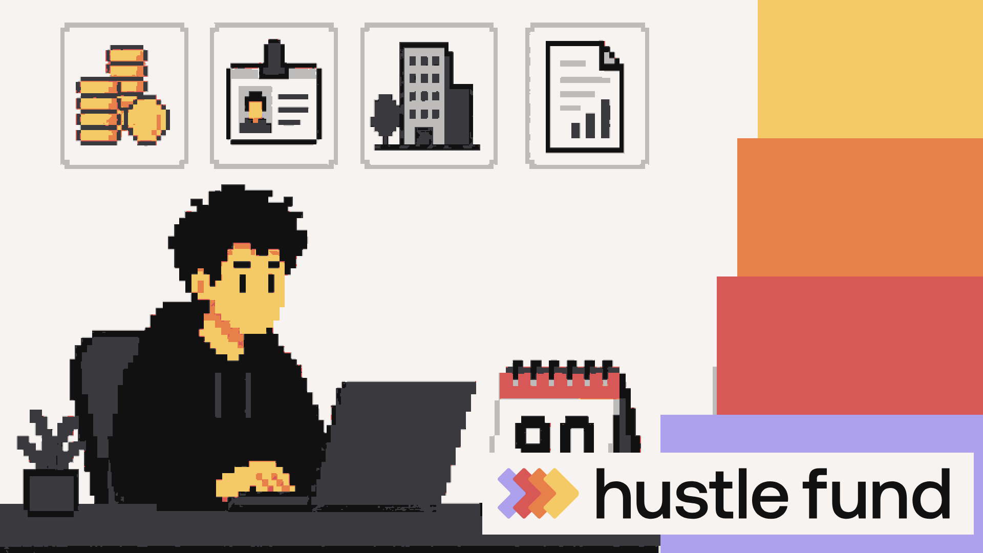 Pixel-art tech employee reviewing four angel-investing checkpoints beside a laptop and 90-day calendar.
