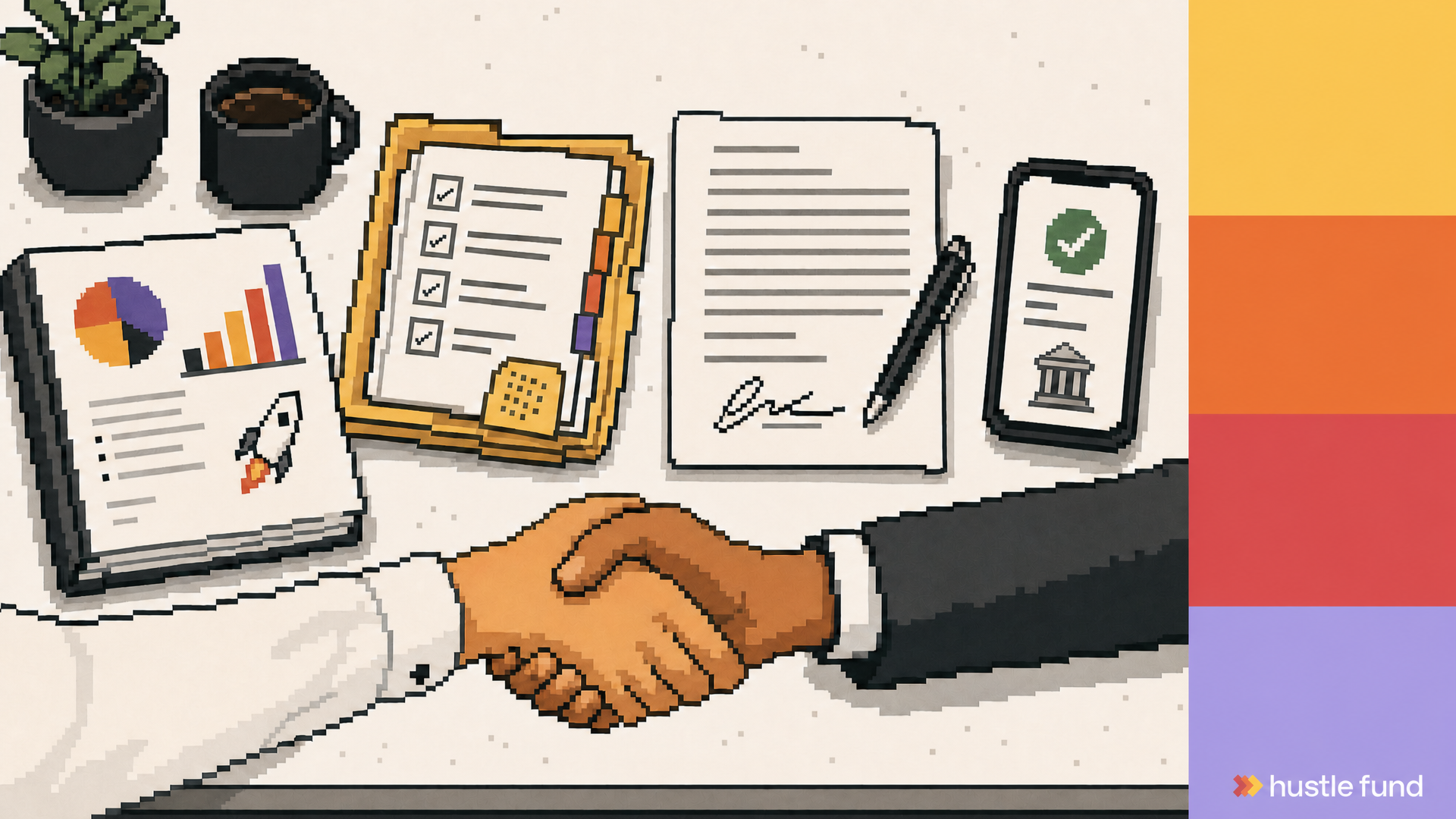 Pixel-art founder and angel closing an investment beside diligence and wire documents