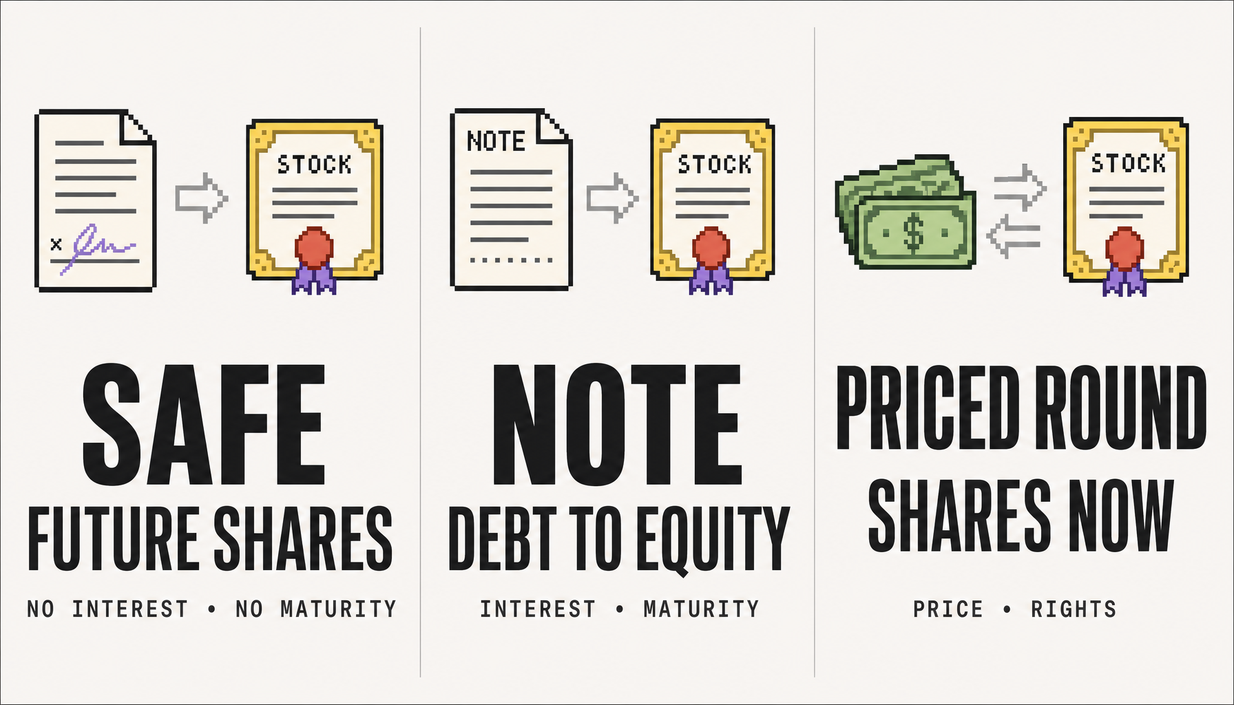 SAFE, convertible note, and priced-round financing mechanics