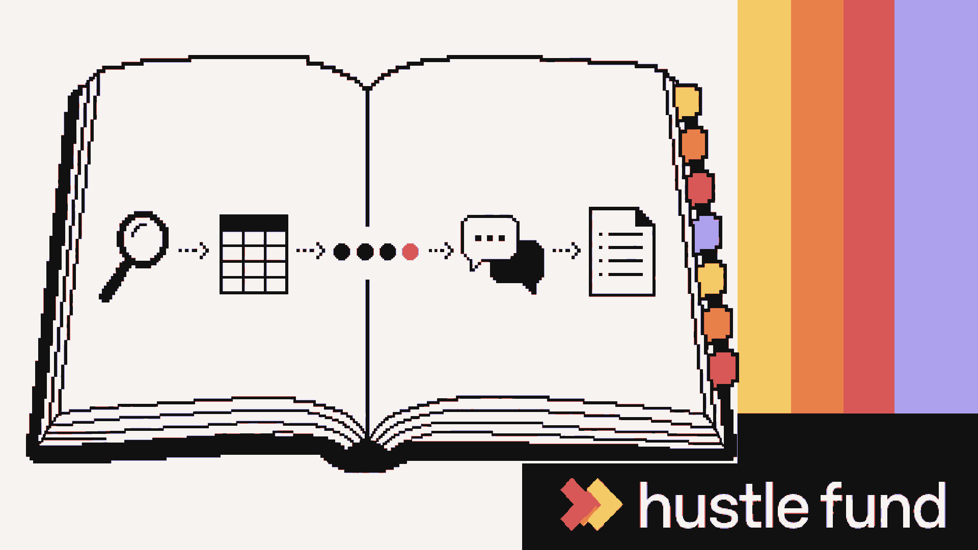 Pixel-art open book with notes and angel investing symbols beside the Hustle Fund color rail.