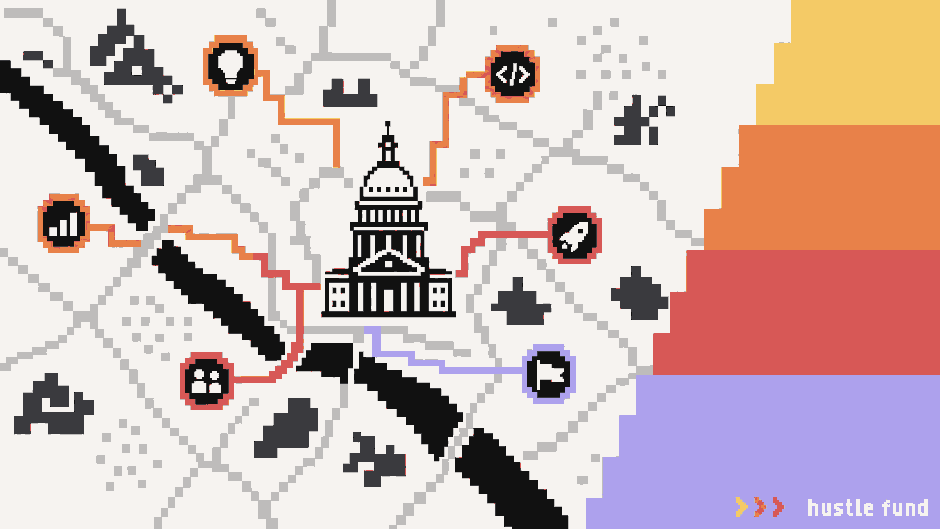 Pixel-art Austin map with the Texas Capitol, connected ecosystem icons, and Hustle Fund’s stepped brand rail