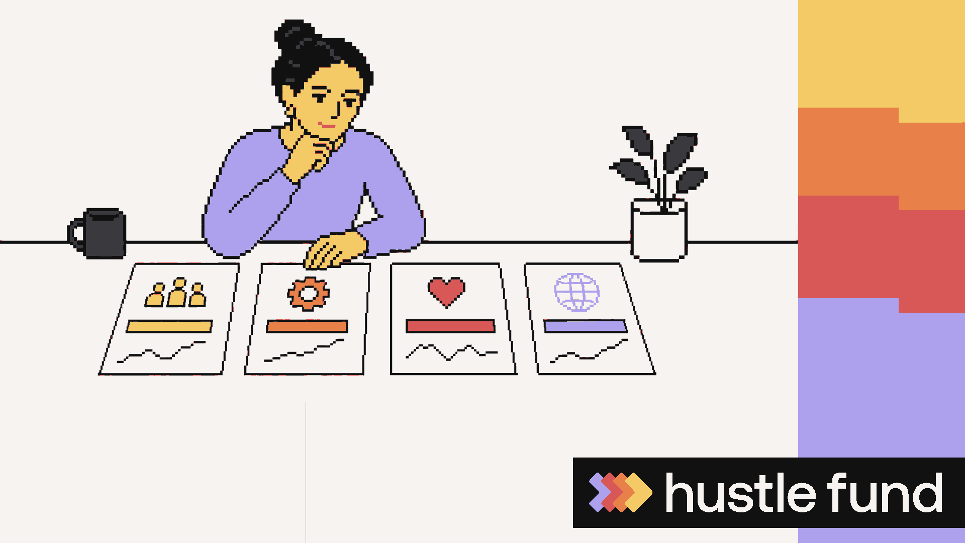 A first-time investor comparing four startup cards beside the Hustle Fund color rail