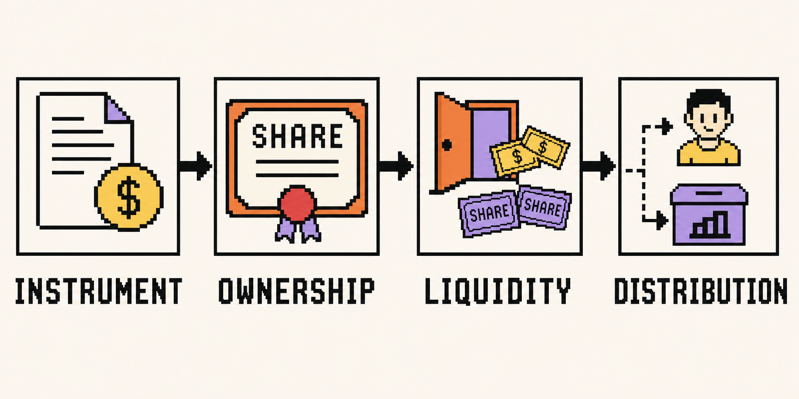 Angel investment cash path from instrument to ownership to liquidity event and distribution